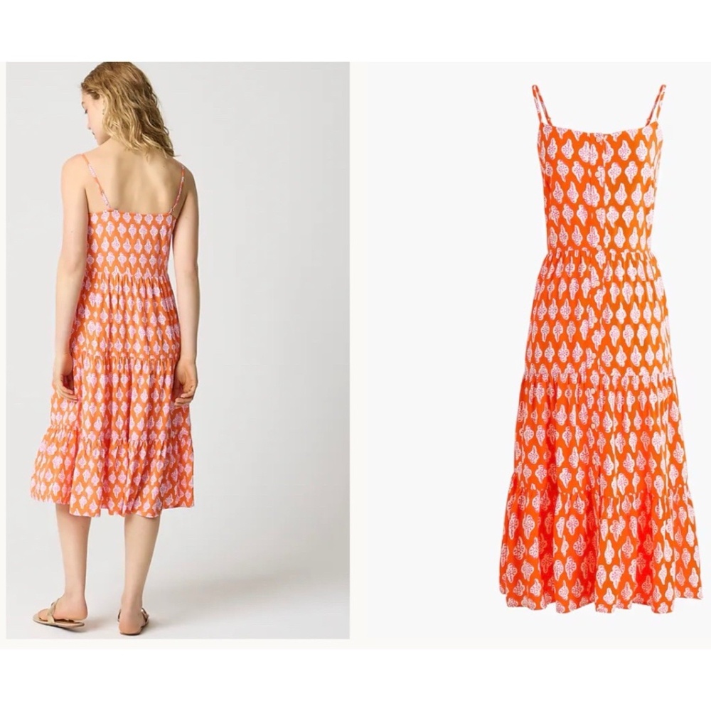 J.Crew Women Size 8 Strappy Tiered Midi Dress Orange Pink Button Front NWT $118